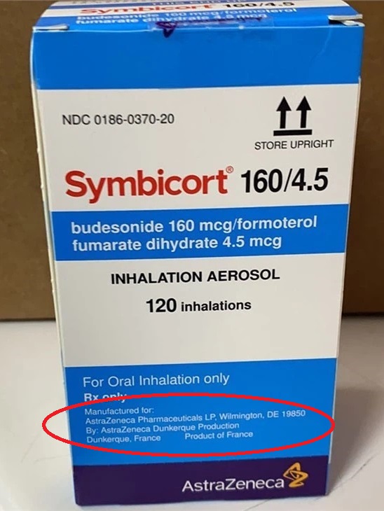 Symbicort packaging showing manufactured by AstraZeneca